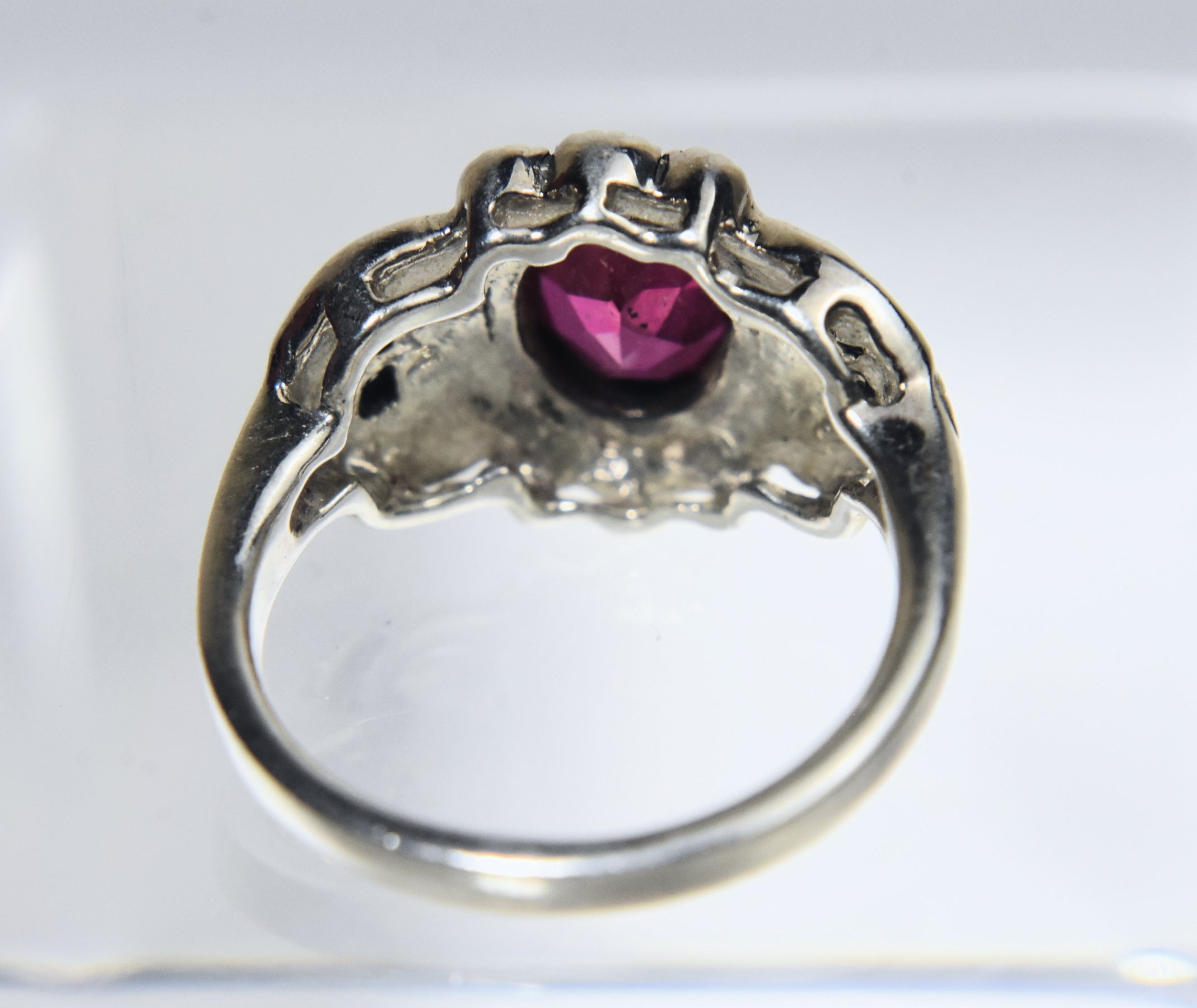 Sterling Silver Art Deco Synthetic Ruby and Marcasite Ring - Size 5.75