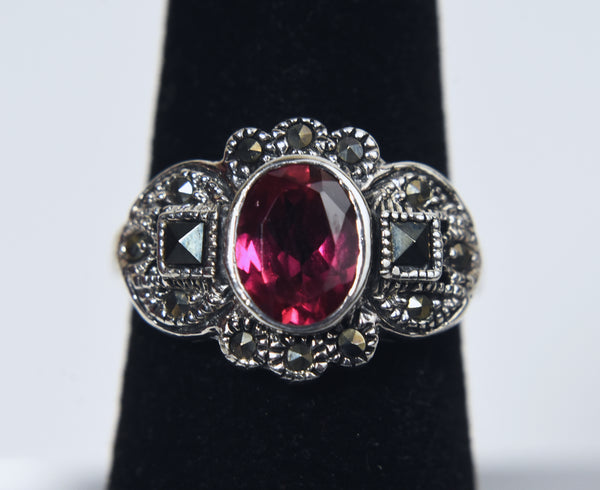 Sterling Silver Art Deco Synthetic Ruby and Marcasite Ring - Size 5.75