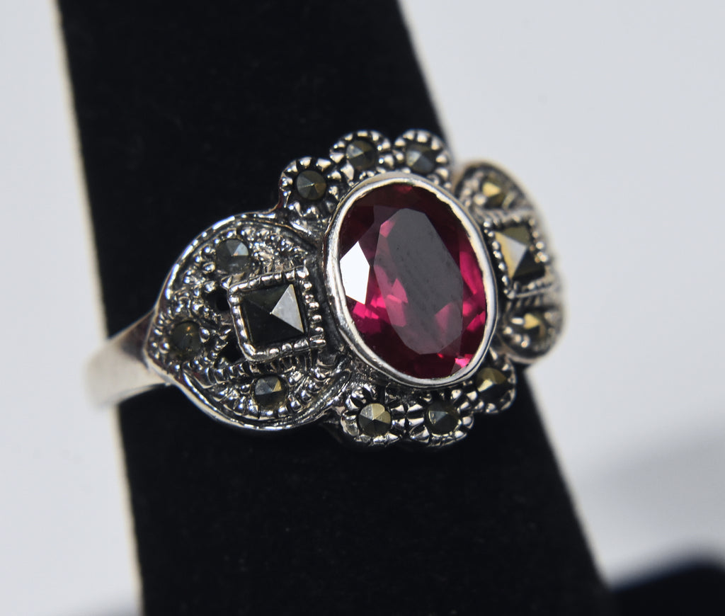 Sterling Silver Art Deco Synthetic Ruby and Marcasite Ring - Size 5.75