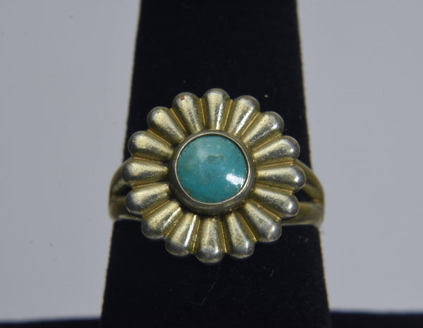 Silver Turquoise Enamel Flower Ring - Size 8.25