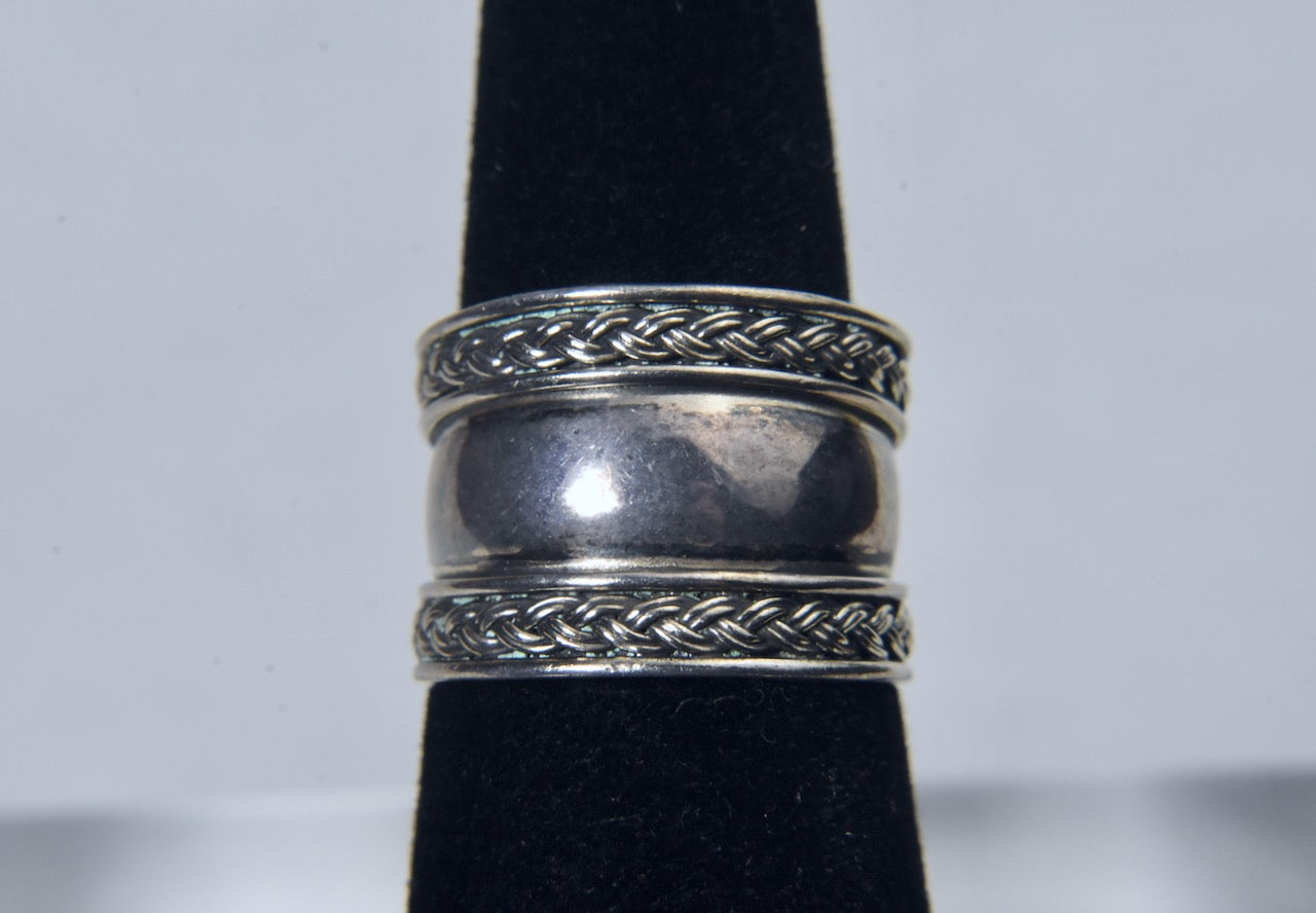 Sterling Silver Wide Band Braided Design Ring - Size 6