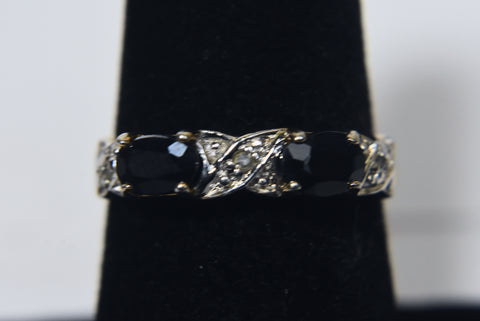 Vintage Blue Sapphire and Diamonds Sterling Silver Gold Tone Ring - Size 7