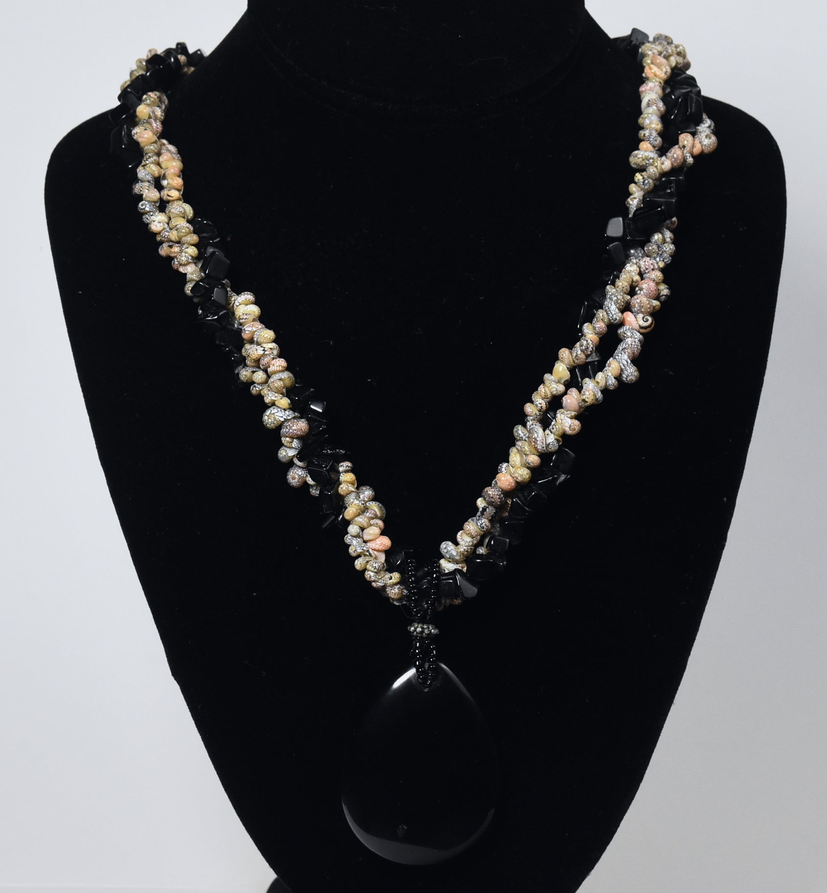 Triple Strand Shell and Black Onyx Necklace with Black Onyx Pendant