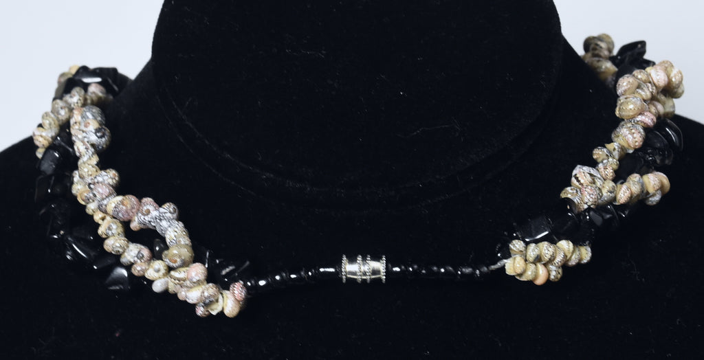 Triple Strand Shell and Black Onyx Necklace with Black Onyx Pendant