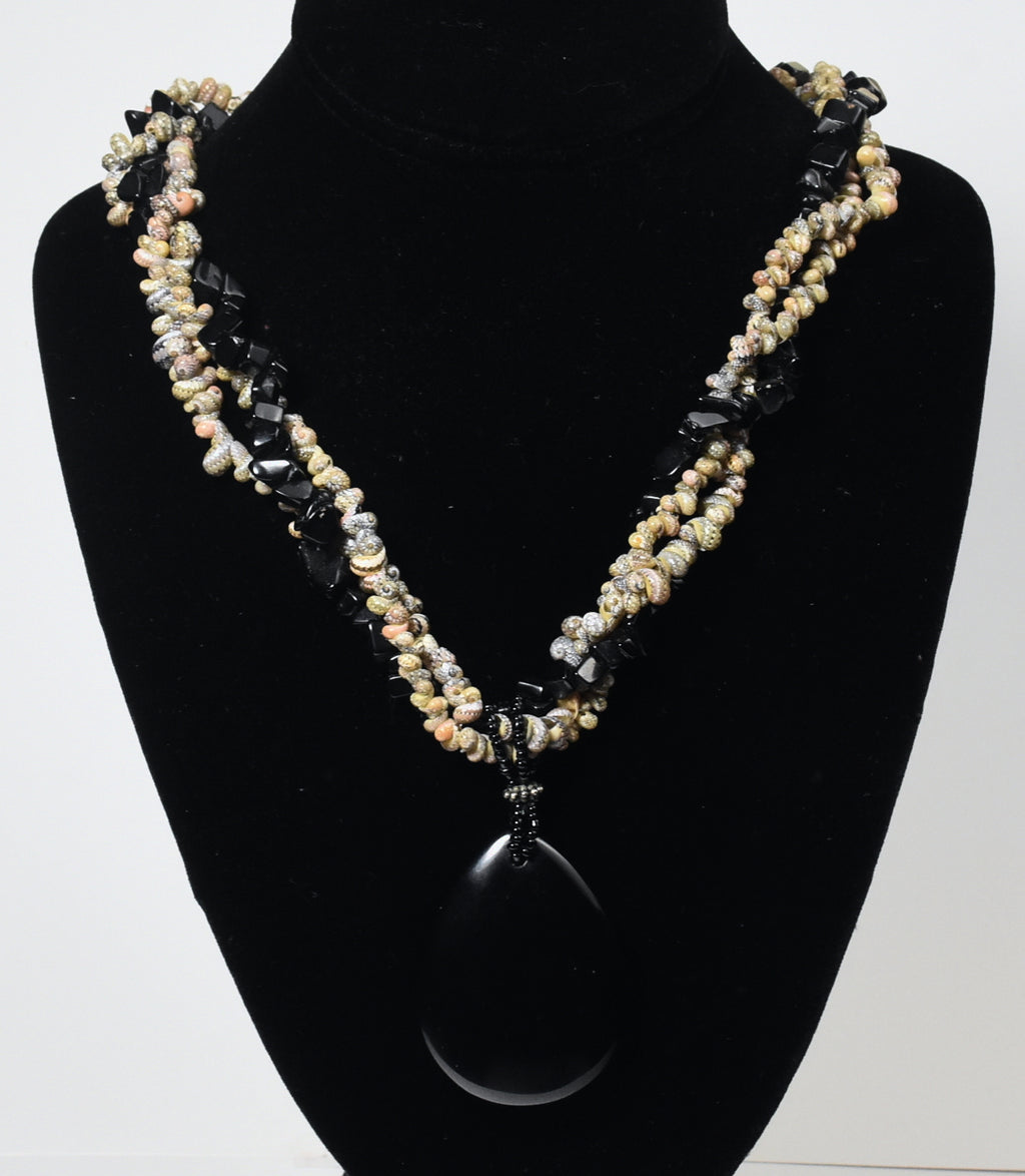 Triple Strand Shell and Black Onyx Necklace with Black Onyx Pendant