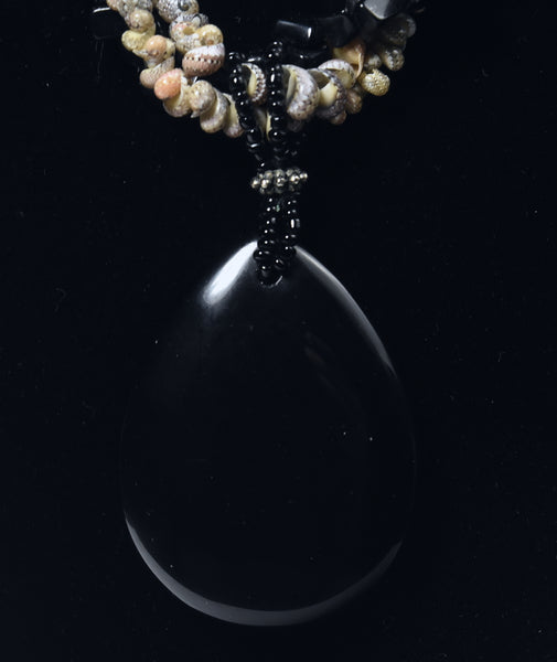 Triple Strand Shell and Black Onyx Necklace with Black Onyx Pendant