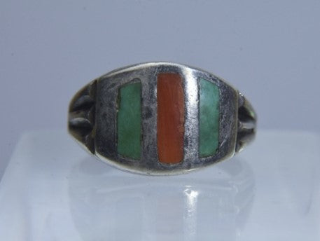 Vintage Handmade Turquoise and Coral Silver Ring - Size 10