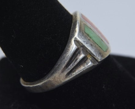 Vintage Handmade Turquoise and Coral Silver Ring - Size 10