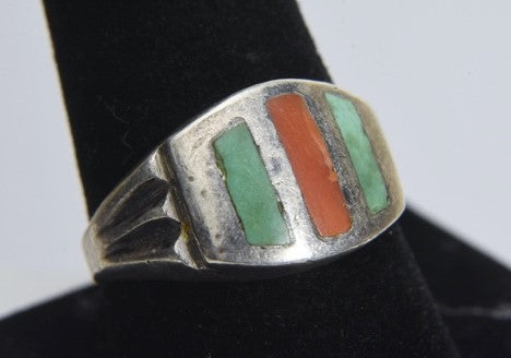 Vintage Handmade Turquoise and Coral Silver Ring - Size 10