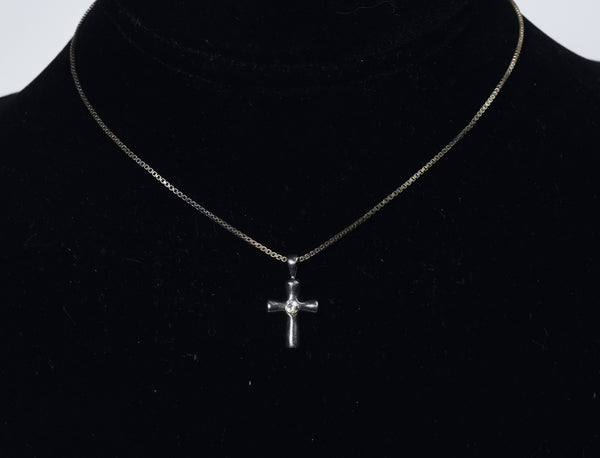 Small Vintage Sterling Silver Crystal Cross Pendant on Sterling Silver Necklace