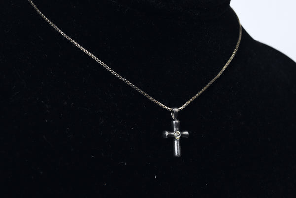 Small Vintage Sterling Silver Crystal Cross Pendant on Sterling Silver Necklace