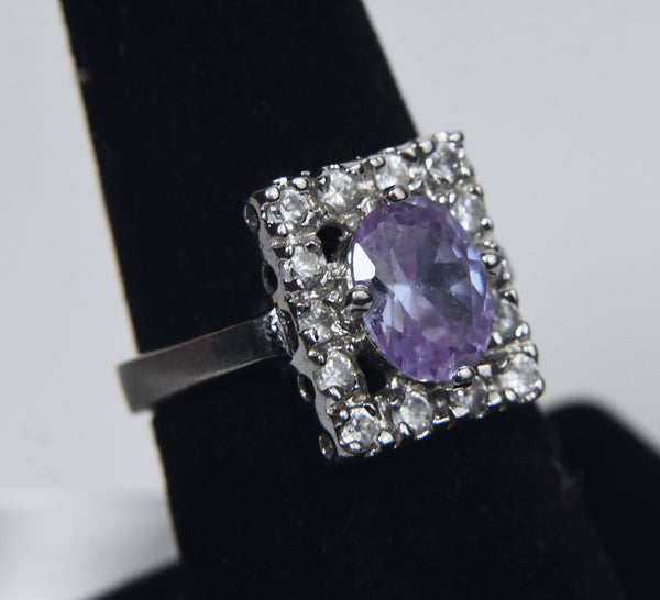 Sterling Silver Rectangle Halo Amethyst Ring - Size 7