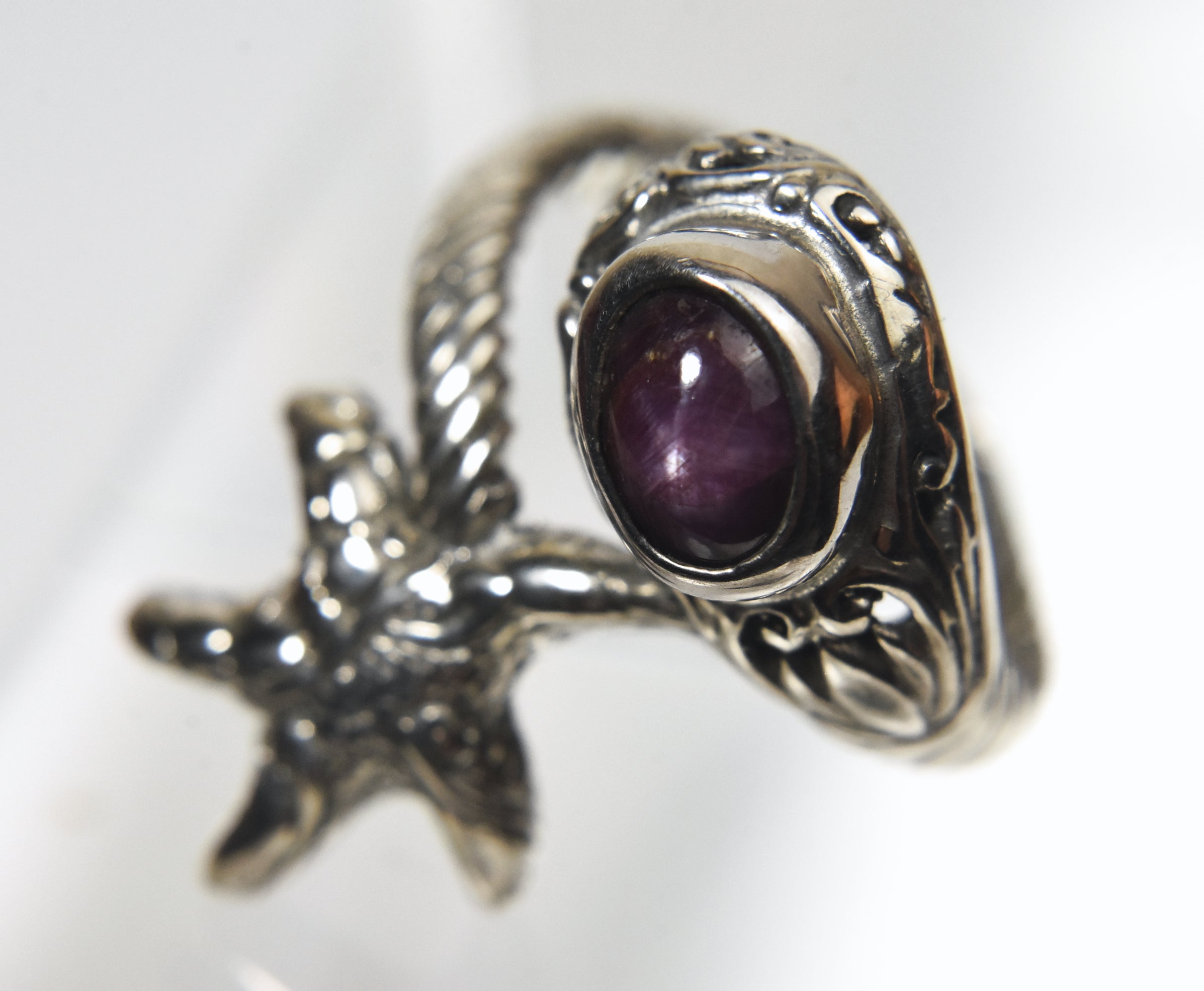 Natural Star Ruby Starfish Sterling Silver Ring - Size 7