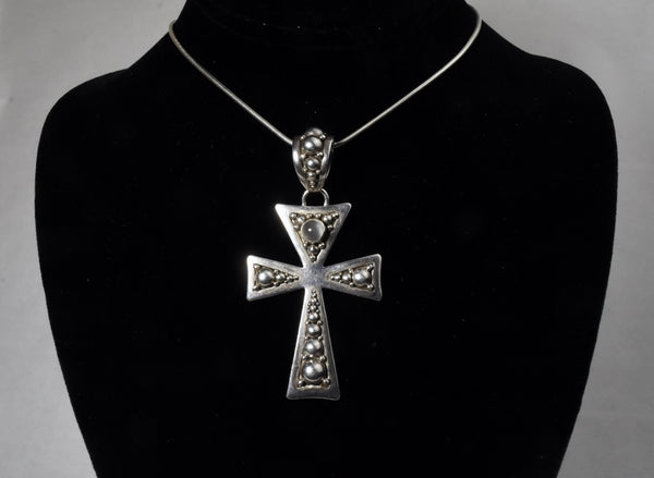 Large Heavy Sterling Silver Crucifix Pendant with Moonstone on Sterling Silver Chain Necklace
