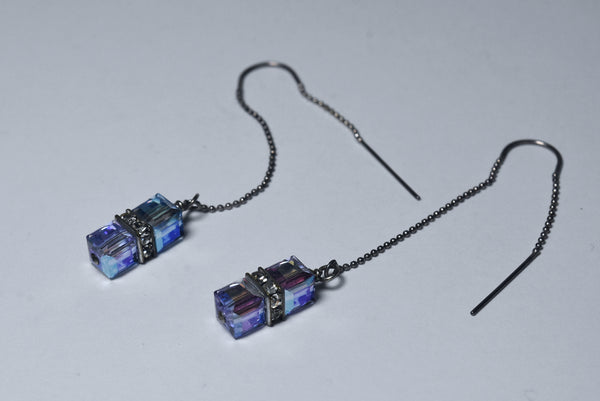 Iridescent Dangling Glass Cubes Sterling Silver Threader Earrings