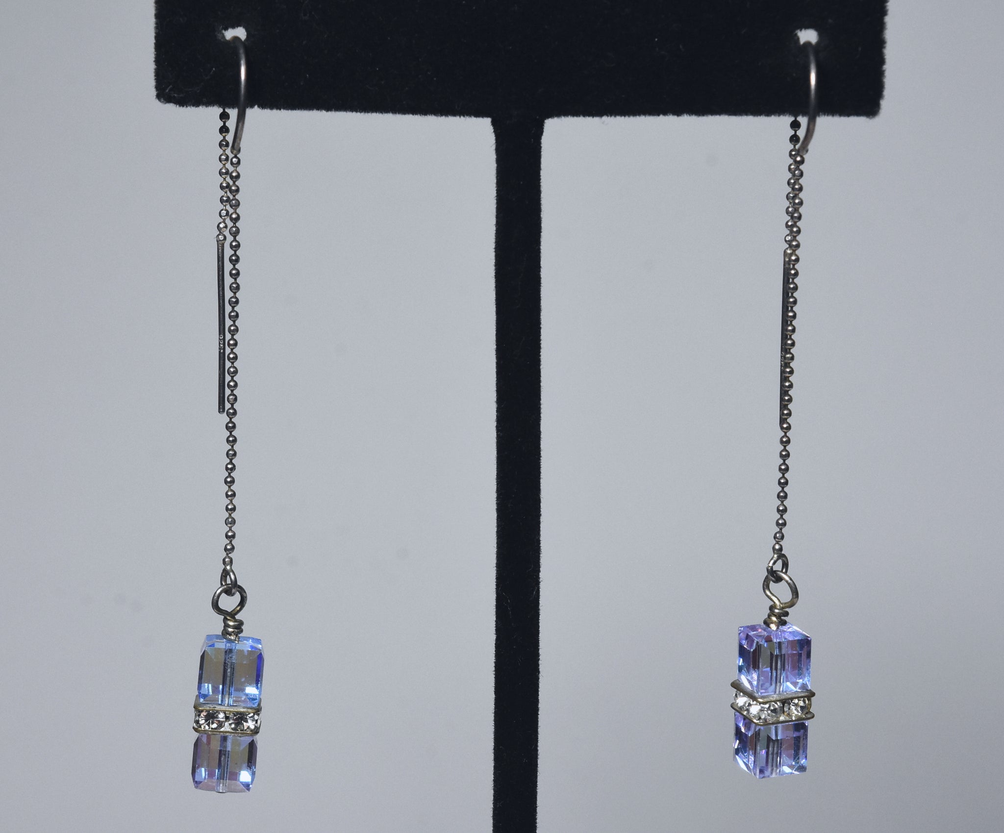Iridescent Dangling Glass Cubes Sterling Silver Threader Earrings