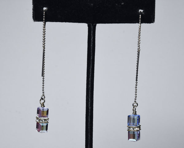 Iridescent Dangling Glass Cubes Sterling Silver Threader Earrings