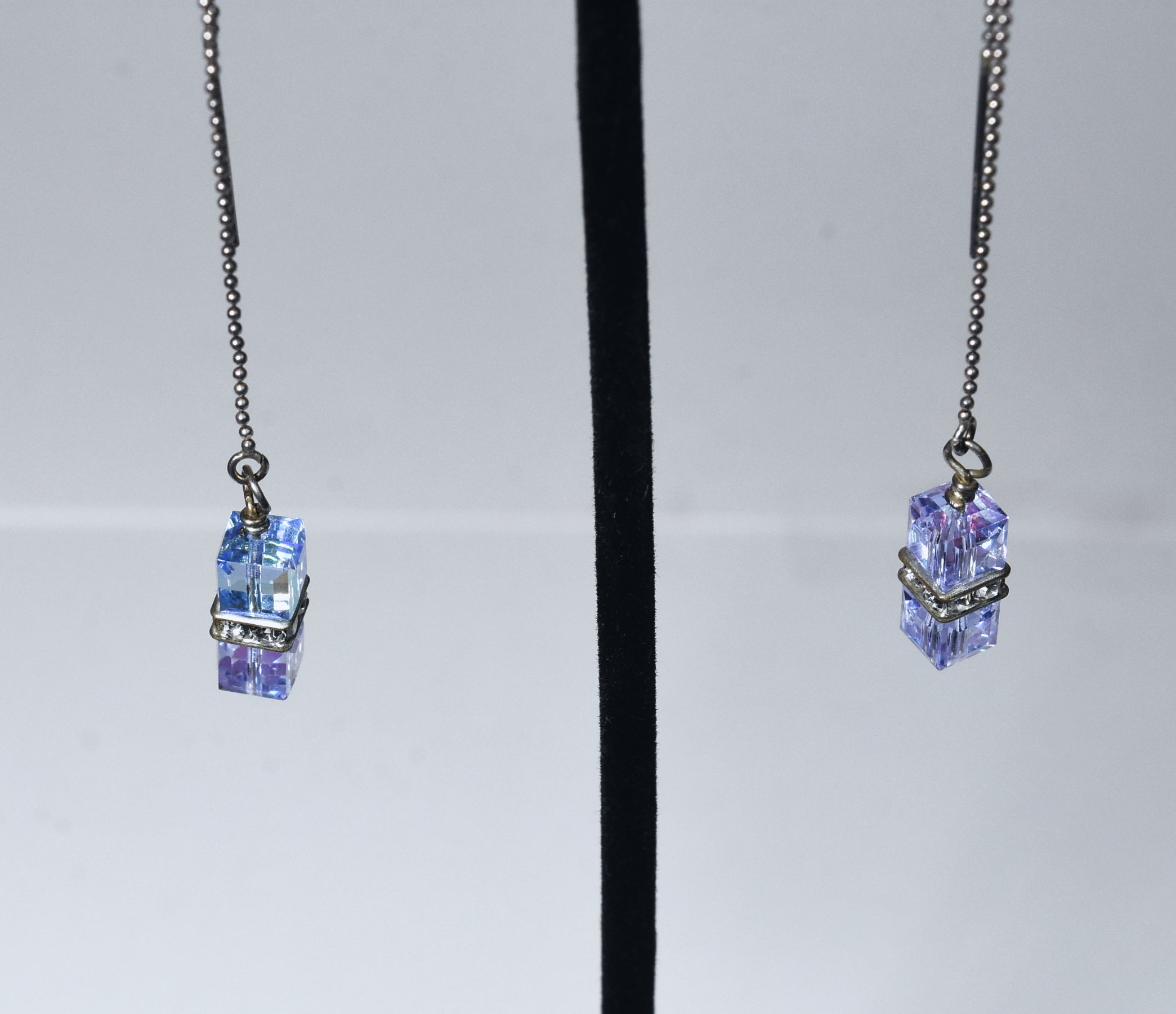 Iridescent Dangling Glass Cubes Sterling Silver Threader Earrings