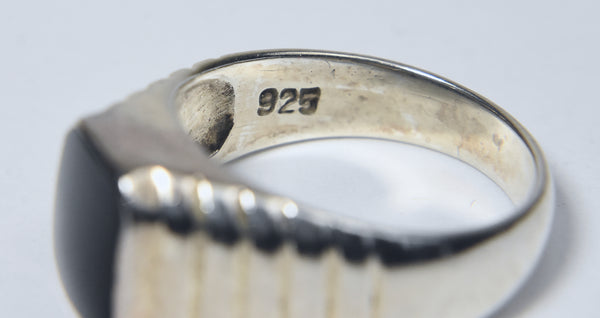 Vintage Tiered Art Deco Design Sterling Silver Black Onyx Signet Ring - Size 8.75