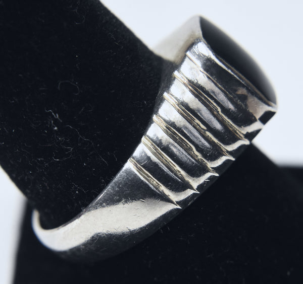 Vintage Tiered Art Deco Design Sterling Silver Black Onyx Signet Ring - Size 8.75