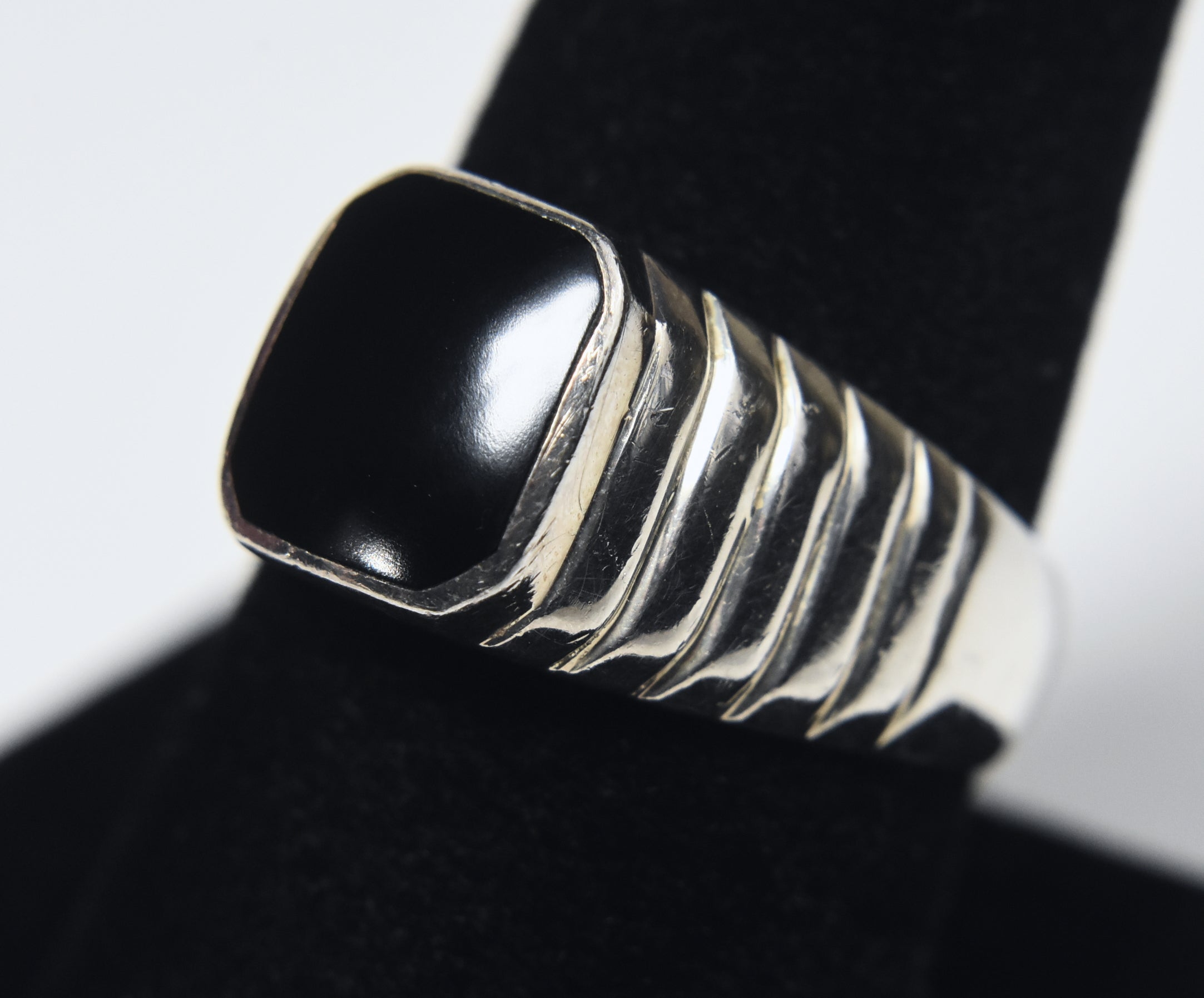 Vintage Tiered Art Deco Design Sterling Silver Black Onyx Signet Ring - Size 8.75
