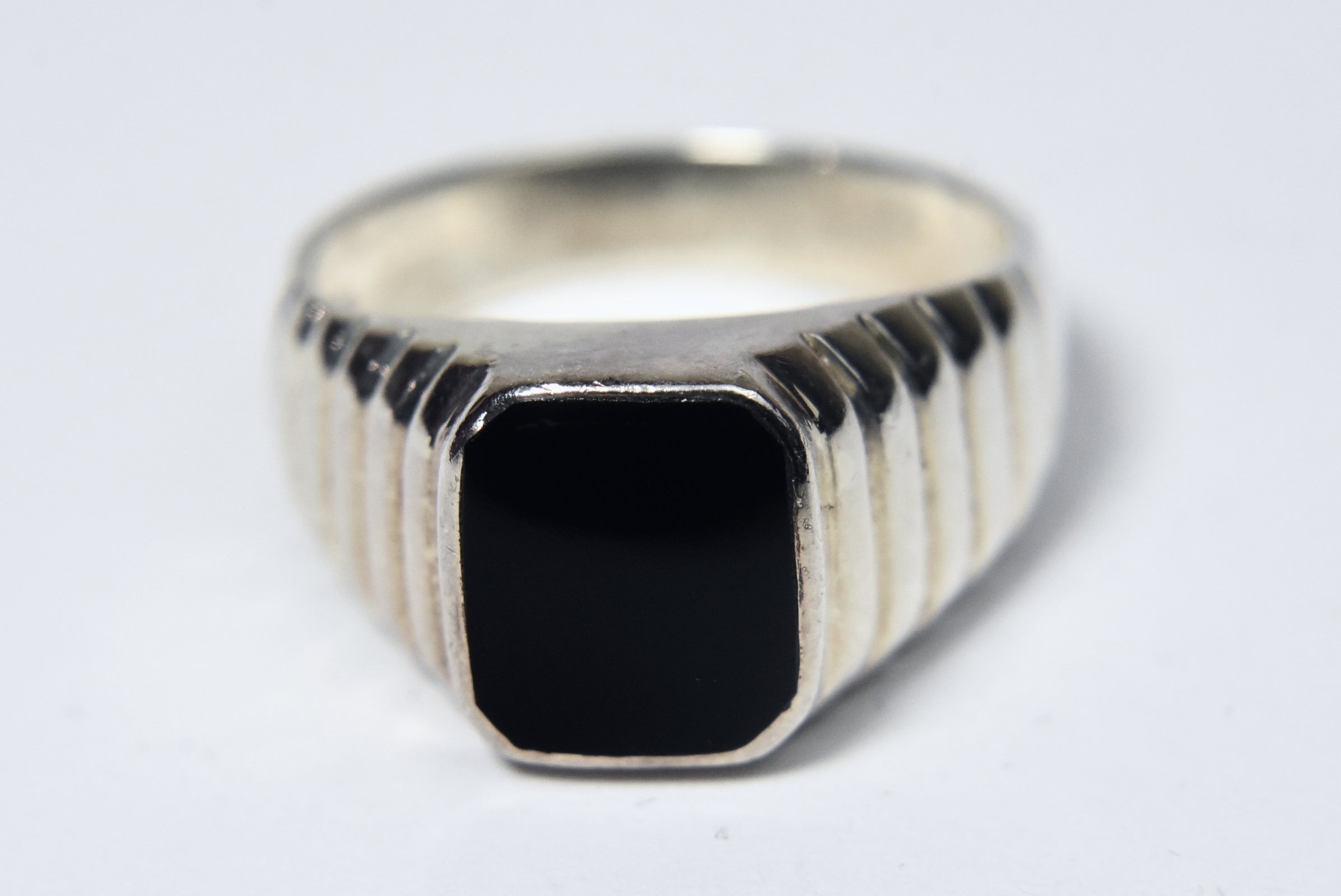 Vintage Tiered Art Deco Design Sterling Silver Black Onyx Signet Ring - Size 8.75
