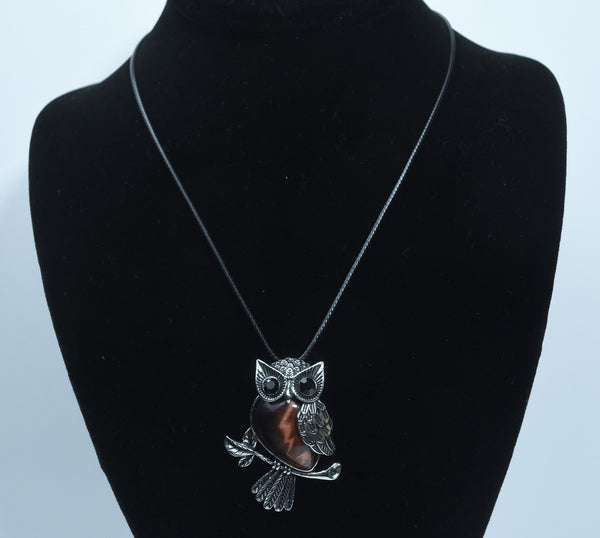 Tiger's Eye Owl Pendant with Black Onyx Eyes on Black Silk Cord Necklace