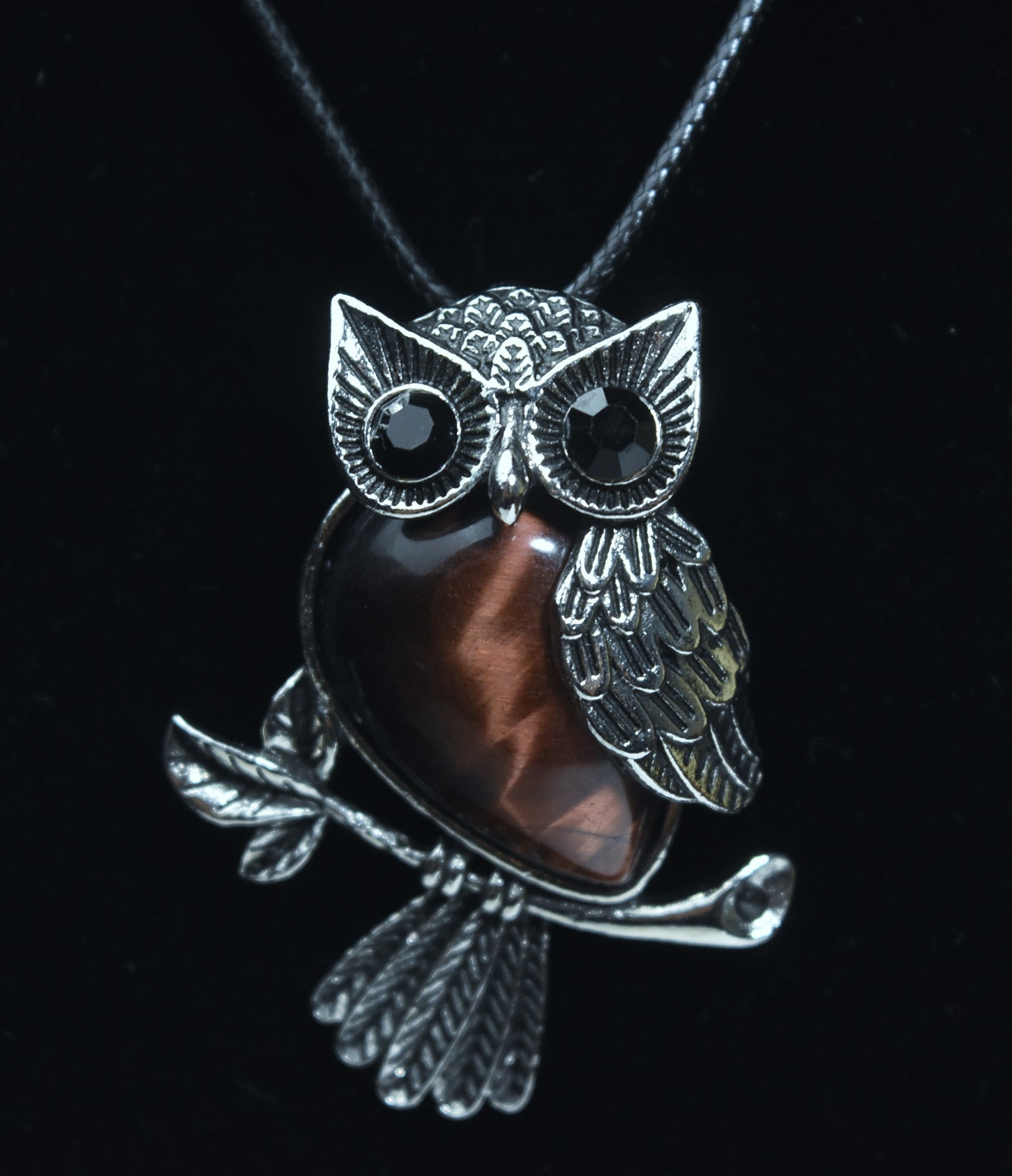 Tiger's Eye Owl Pendant with Black Onyx Eyes on Black Silk Cord Necklace