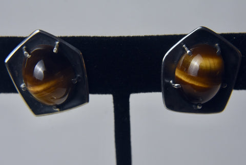 Sterling Silver Tiger's Eye Clip On Earrings