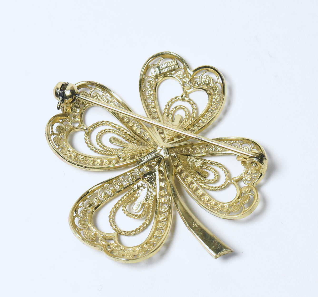 Willi Nonnenmann -  Vintage Gold Tone Sterling Silver Filigree Four Leaf Clover Marcasite Brooch
