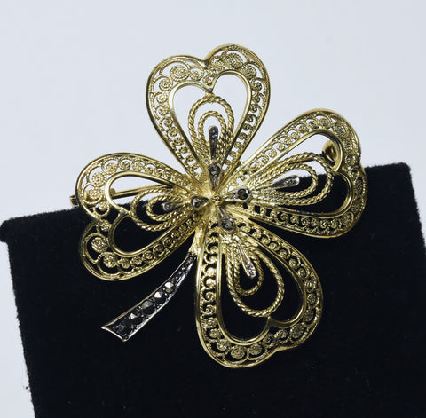 Willi Nonnenmann -  Vintage Gold Tone Sterling Silver Filigree Four Leaf Clover Marcasite Brooch