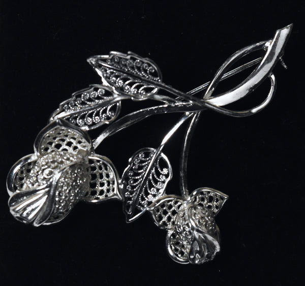 Willi Nonnenmann - Vintage Sterling Silver Filigree Bunch of Roses Brooch