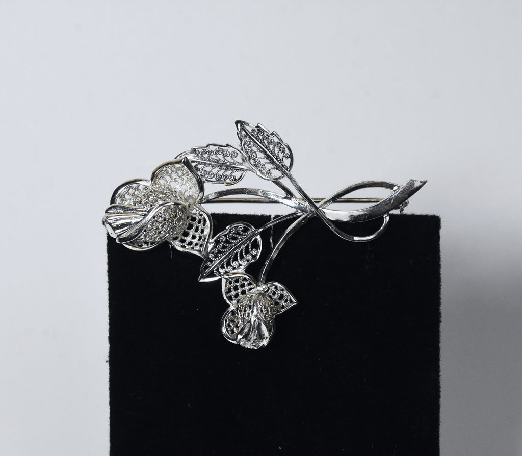 Willi Nonnenmann - Vintage Sterling Silver Filigree Bunch of Roses Brooch
