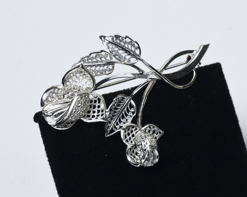 Willi Nonnenmann - Vintage Sterling Silver Filigree Bunch of Roses Brooch