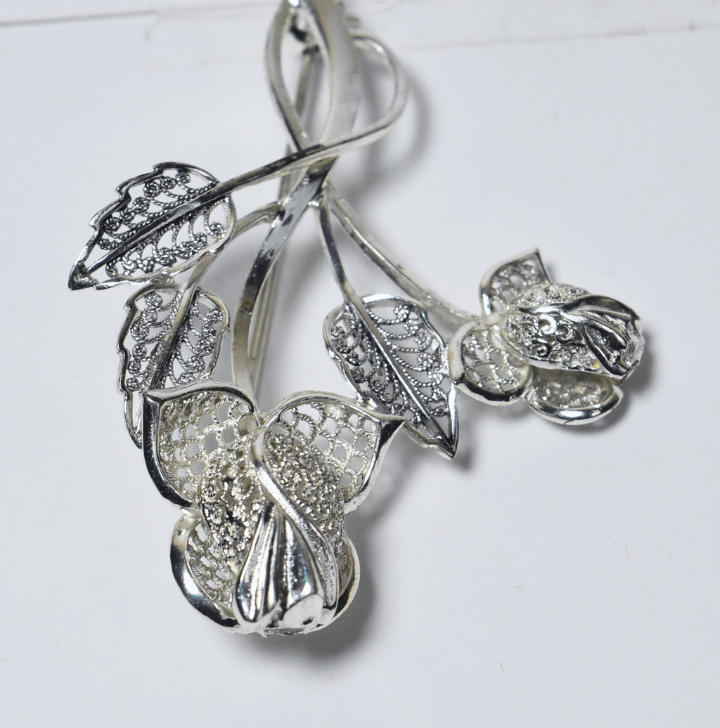 Willi Nonnenmann - Vintage Sterling Silver Filigree Bunch of Roses Brooch