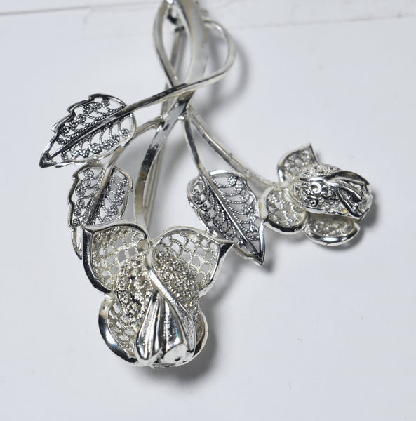 Willi Nonnenmann - Vintage Sterling Silver Filigree Bunch of Roses Brooch