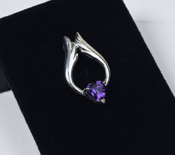 Heart Cut Purple Crystal Winged Silver Pendant