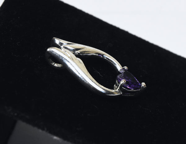 Heart Cut Purple Crystal Winged Silver Pendant