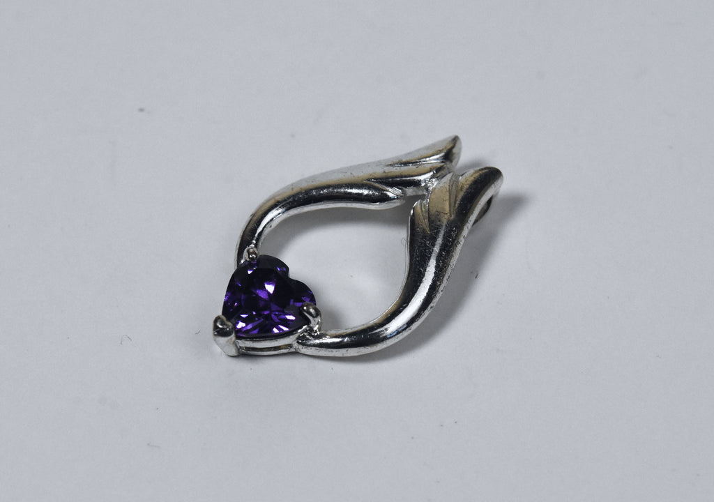 Heart Cut Purple Crystal Winged Silver Pendant
