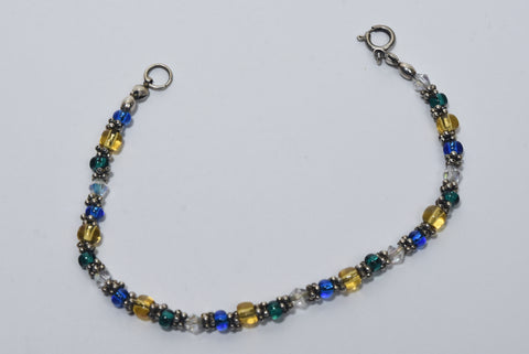 Yellow, Green, Blue Glass Bead Bracelet with Sterling Silver Clasp
