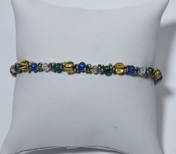 Yellow, Green, Blue Glass Bead Bracelet with Sterling Silver Clasp