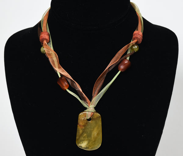 Yellow Jade, Citrine, Carnelian, Red Coral Pendant Ribbon Necklace