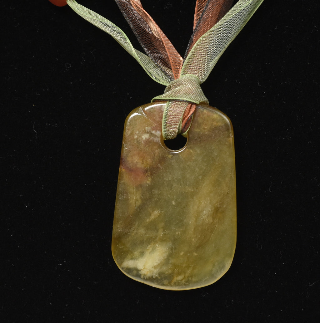 Yellow Jade, Citrine, Carnelian, Red Coral Pendant Ribbon Necklace
