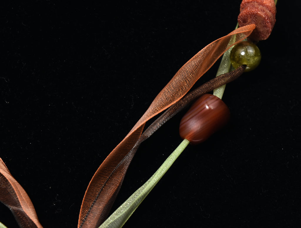 Yellow Jade, Citrine, Carnelian, Red Coral Pendant Ribbon Necklace