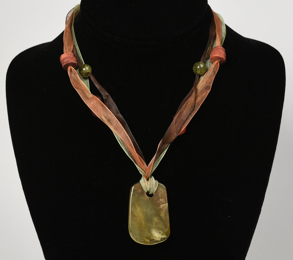 Yellow Jade, Citrine, Carnelian, Red Coral Pendant Ribbon Necklace