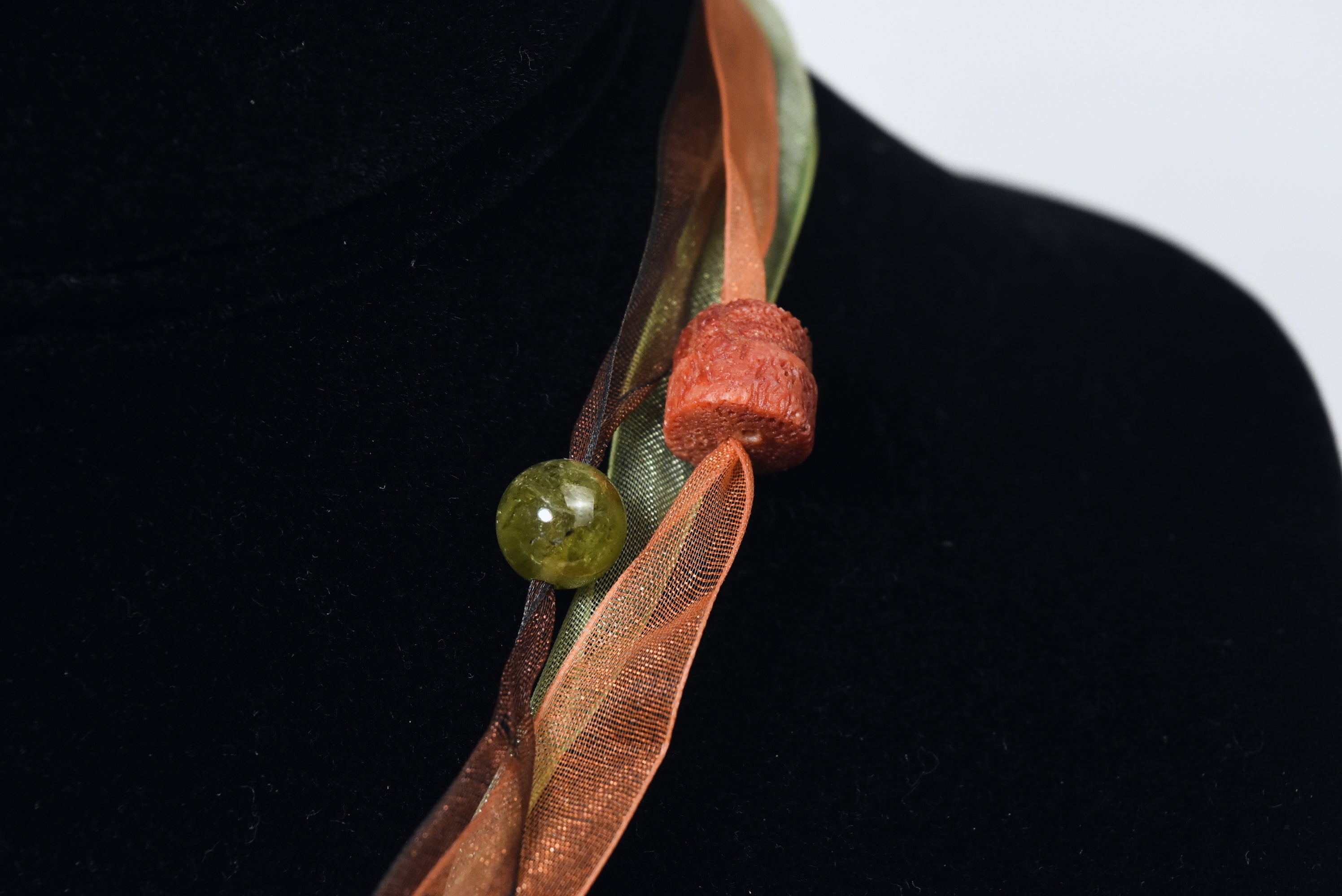 Yellow Jade, Citrine, Carnelian, Red Coral Pendant Ribbon Necklace