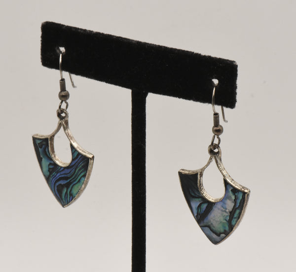 Vintage Alpaca Blue Abalone Shell Dangle Earrings