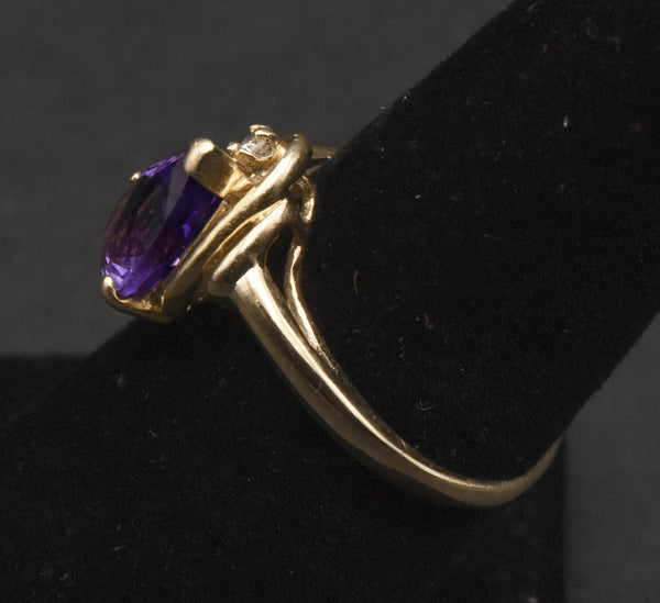 Vintage 14K Gold Amethyst and Diamond Ring - Size 6.5