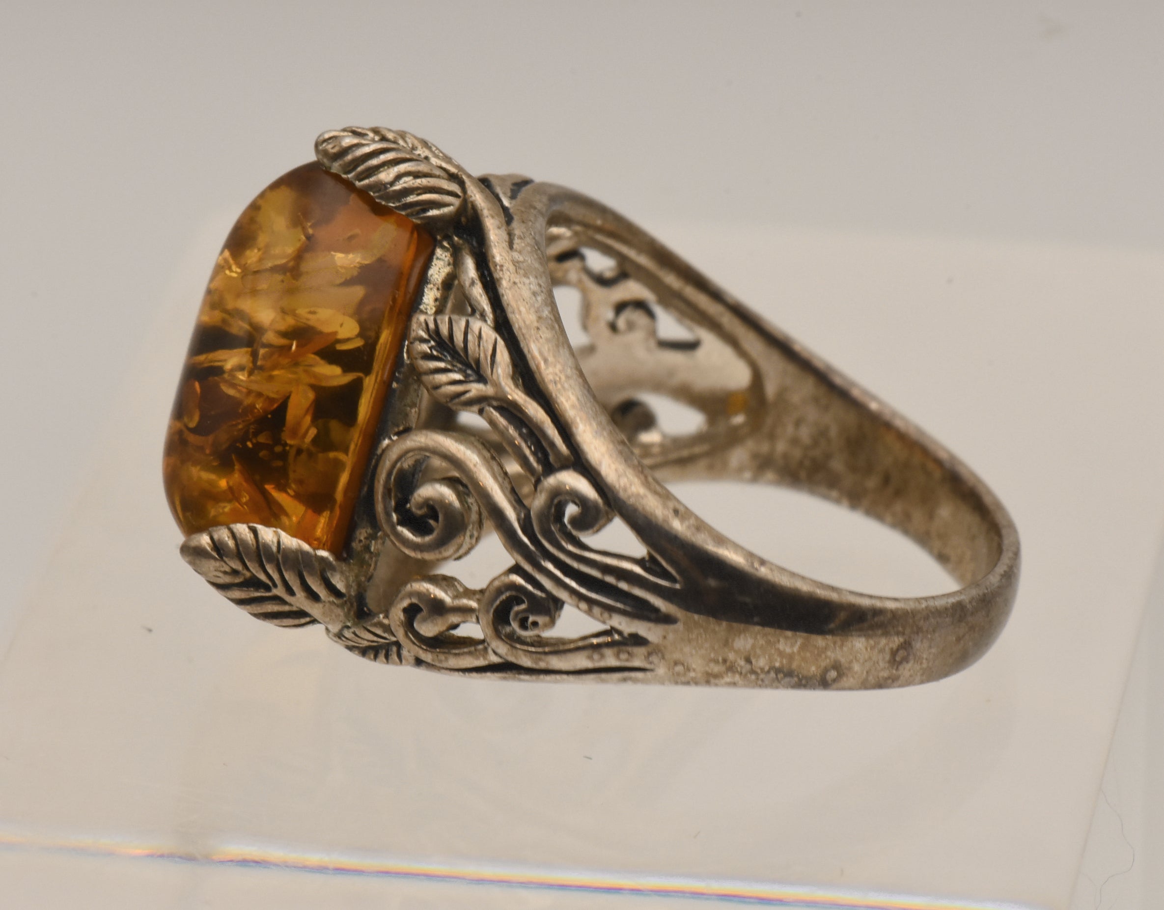 Vintage Sterling Silver Ring with Fossilized Resin Triangle Cabochon - Size 8