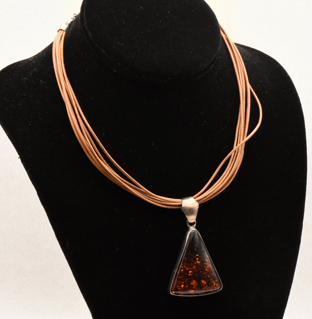Vintage Triangular Amber Pendant on Multi Cord Necklace - 16"